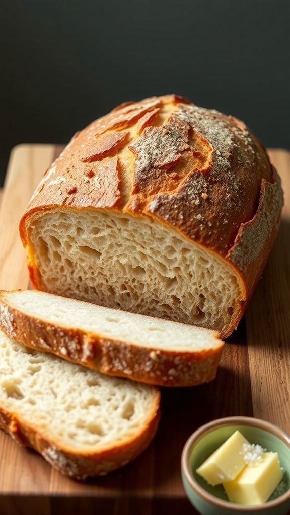Sourdough Bread Troubleshooting Guide A freshly baked sourdough bread loaf with a golden crust and airy crumb on a wooden board.